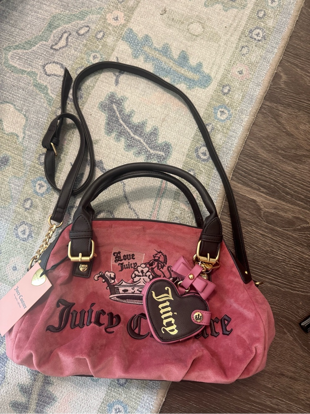 NWT Juicy Couture Pink Velvet Satchel with Heart Charm and Dark Trim